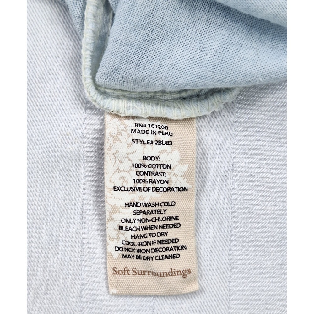 Soft Surroundings Floral Embroidered Eyelet Shirt Blue Cotton Button Up Medium - Picture 6 of 6